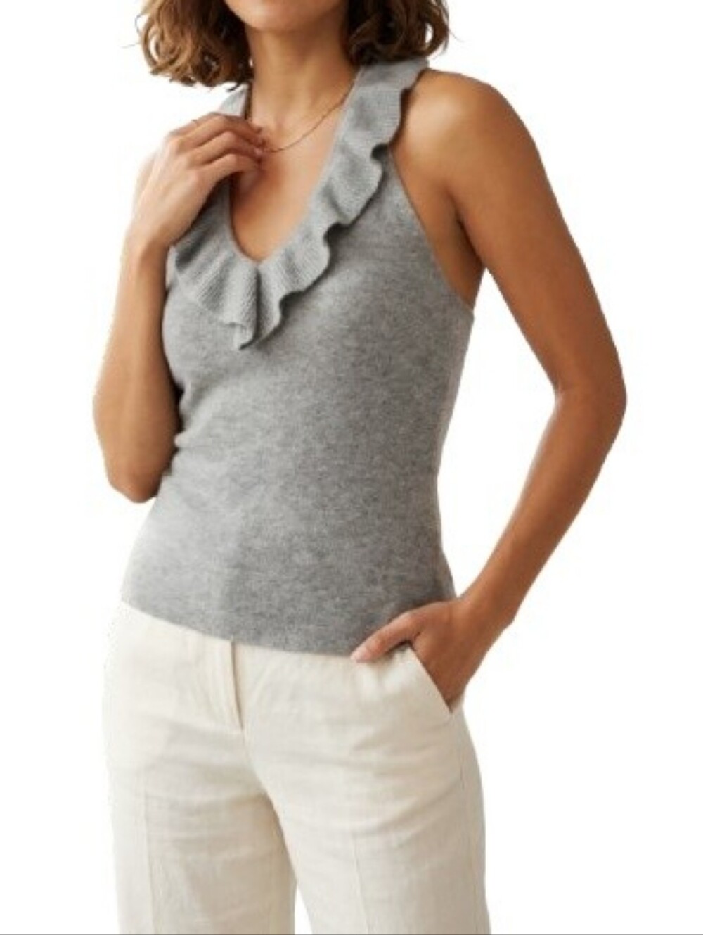 Ann Taylor Gray Cashmere Knit Blouse Scoop Ruffle Neck Sleeveless 145892 Solid